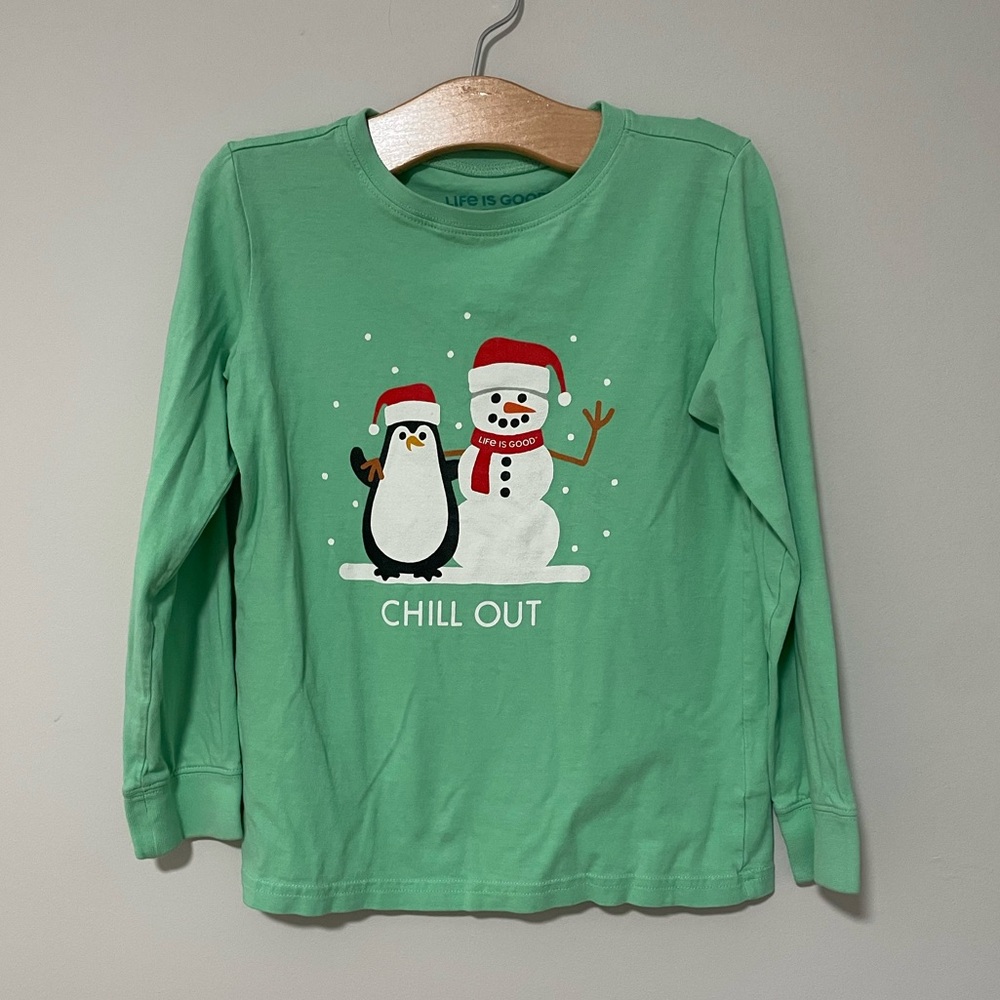 Life Is Good Kids Mint Long Sleeve Tee with Snowman and Penguin